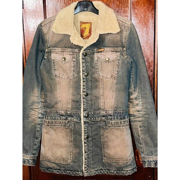 7 FOR ALL MANKIND COAT BLUE DENIM JEAN JACKET SHERPA LINED FLEECE SMALL S - Picture 1 of 5